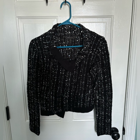 EUC Reeve Moto Cardigan Black White Cotton Blend Scandi Knitwear - Picture 2 of 15